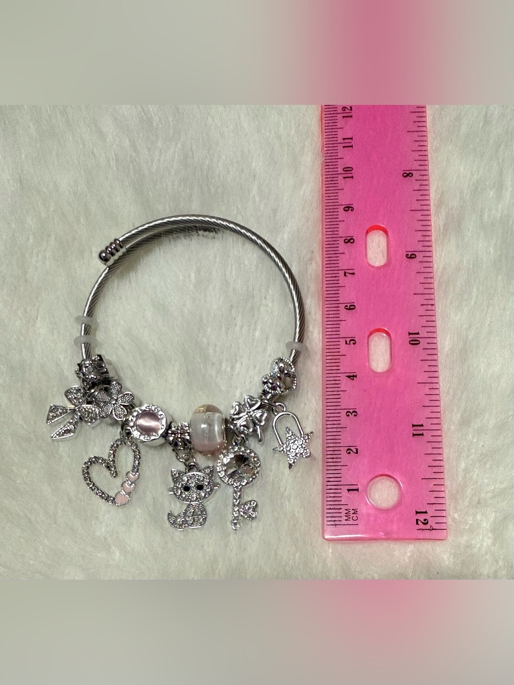 Stainless Steel Charm Bracelet with Pink Accents in Silver-tone - Picture 9 of 9